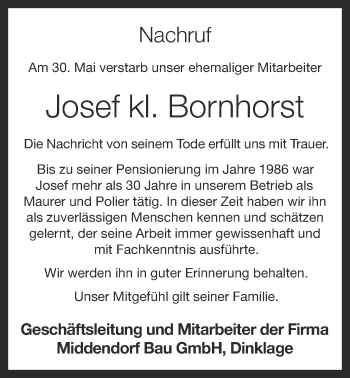 Anzeige von Josef klein Bornhorst von OM-Medien