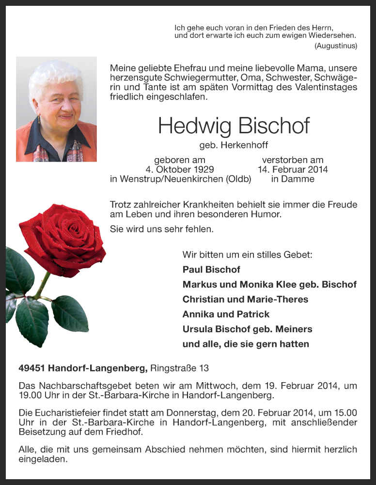  Traueranzeige für Hedwig Bischof vom 18.02.2014 aus OM-Medien