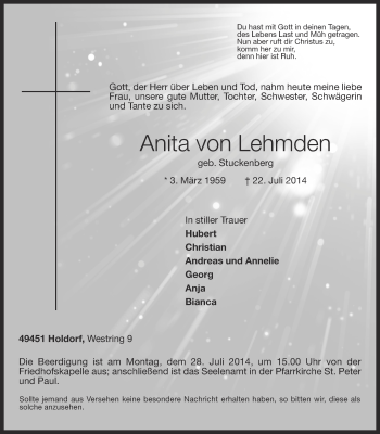 Anzeige von Anita von Lehmden von OM-Medien