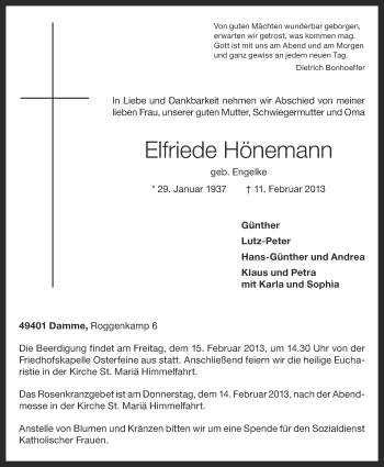 Anzeige von Elfriede Hönemann von OM-Medien