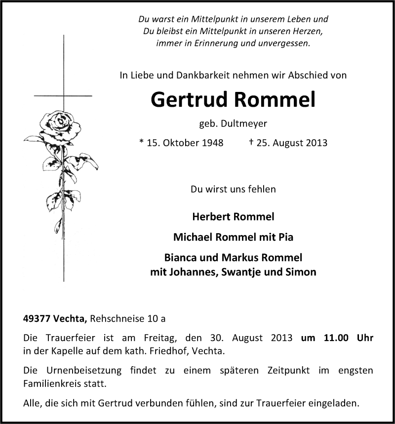  Traueranzeige für Gertrud Rommel vom 27.08.2013 aus OM-Medien