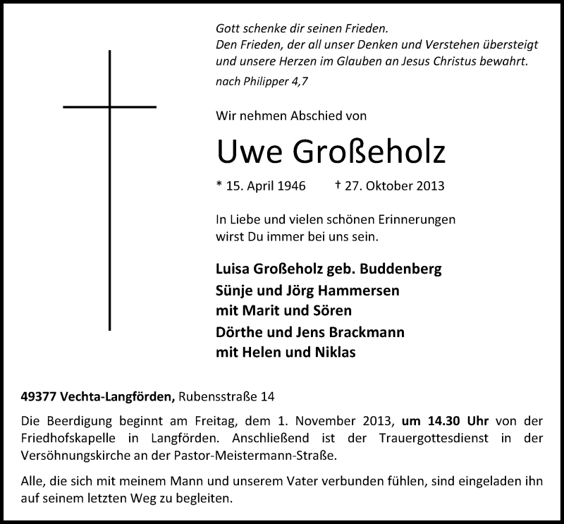  Traueranzeige für Uwe Großeholz vom 30.10.2013 aus OM-Medien