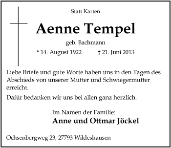 Anzeige von Aenne Tempel von OM-Medien