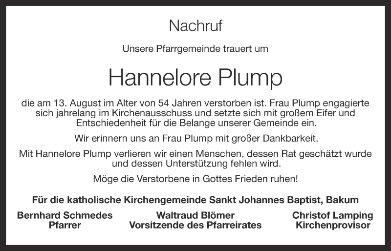  Traueranzeige für Hannelore Plump vom 16.08.2014 aus OM-Medien