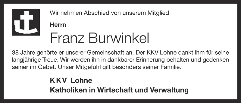  Traueranzeige für Franz Burwinkel vom 23.07.2013 aus OM-Medien