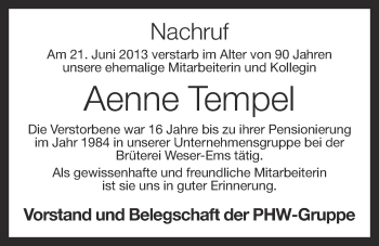 Anzeige von Aenne Tempel von OM-Medien