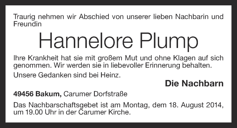  Traueranzeige für Hannelore Plump vom 16.08.2014 aus OM-Medien