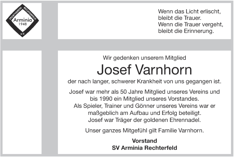  Traueranzeige für Josef Varnhorn vom 13.09.2013 aus OM-Medien