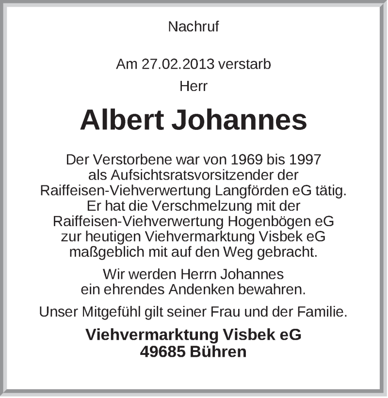  Traueranzeige für Albert Johannes vom 02.03.2013 aus OM-Medien