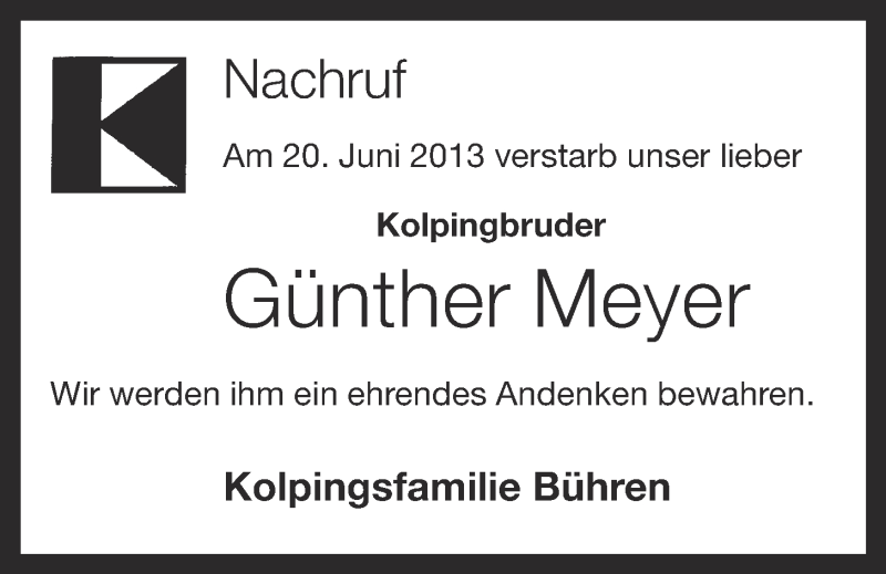  Traueranzeige für Günther Meyer vom 25.06.2013 aus OM-Medien