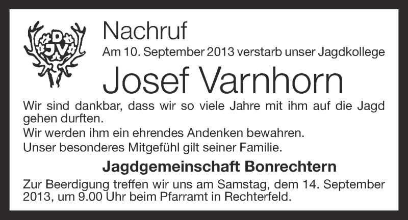  Traueranzeige für Josef Varnhorn vom 13.09.2013 aus OM-Medien