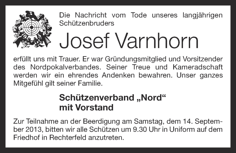  Traueranzeige für Josef Varnhorn vom 13.09.2013 aus OM-Medien