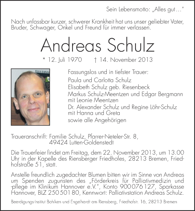  Traueranzeige für Andreas Schulz vom 16.11.2013 aus OM-Medien