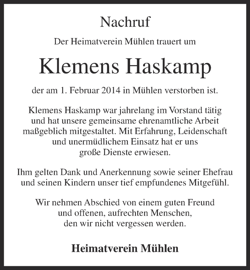  Traueranzeige für Klemens Haskamp vom 05.02.2014 aus OM-Medien