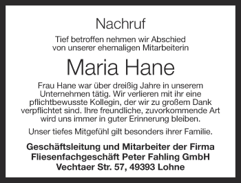 Anzeige von Maria Hane von OM-Medien