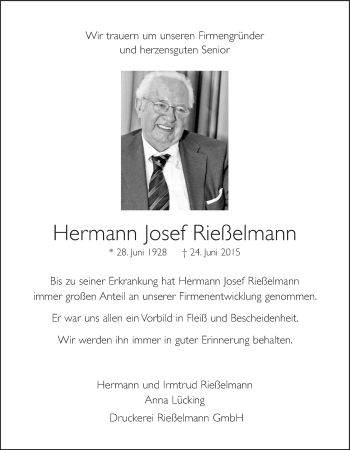 Anzeige von Hermann Josef Rießelmann von OM-Medien