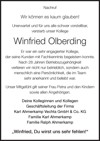 Anzeige von Winfried Olberding von OM-Medien