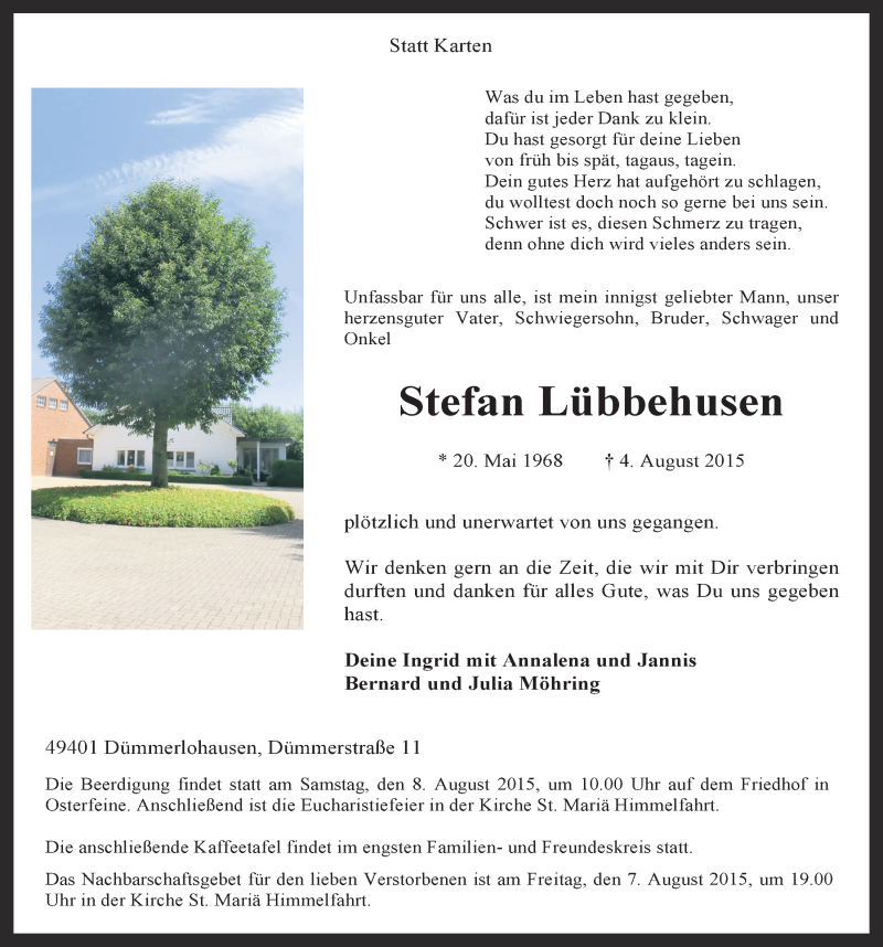  Traueranzeige für Stefan Lübbehusen vom 06.08.2015 aus OM-Medien