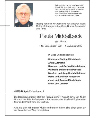 Anzeige von Paula Middelbeck von OM-Medien