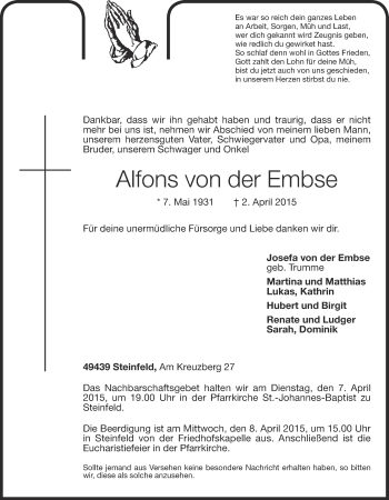 Anzeige von Alfons von der Embse  von OM-Medien