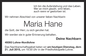 Anzeige von Maria Hane von OM-Medien