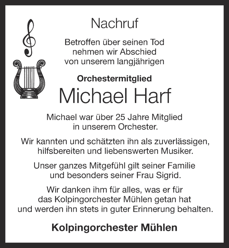  Traueranzeige für Michael Harf vom 29.07.2015 aus OM-Medien