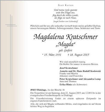 Anzeige von Magdalena Kratschmer von OM-Medien