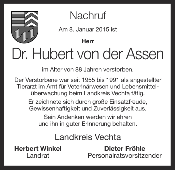 Anzeige von Hubert von der Assen von OM-Medien