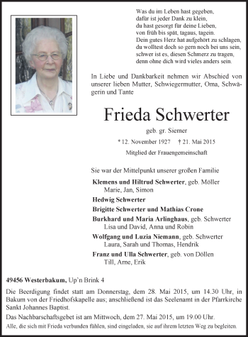 Anzeige von Frieda Schwerter von OM-Medien