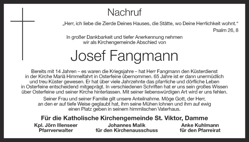  Traueranzeige für Josef Fangmann vom 16.09.2015 aus OM-Medien