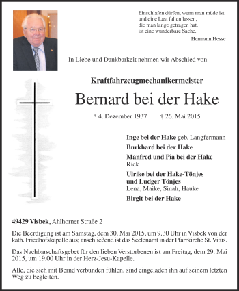 Anzeige von Bernhard bei der Hake von OM-Medien