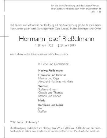 Anzeige von Hermann Josef Rießelmann von OM-Medien