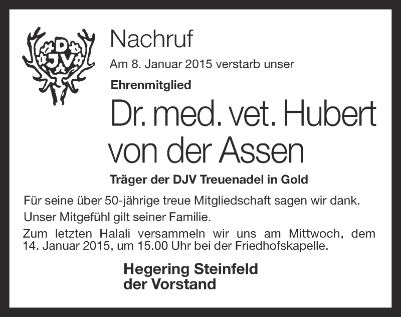  Traueranzeige für Hubert von der Assen vom 13.01.2015 aus OM-Medien