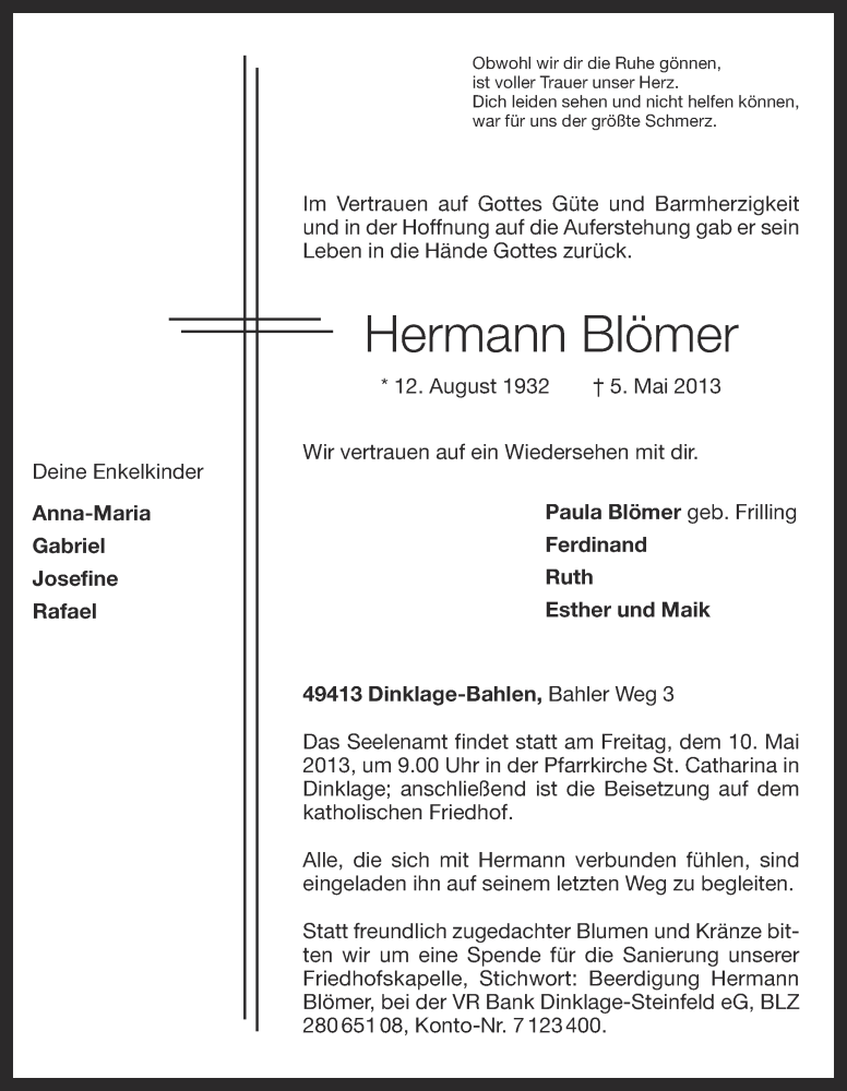  Traueranzeige für Hermann Blömer vom 07.05.2013 aus OM-Medien