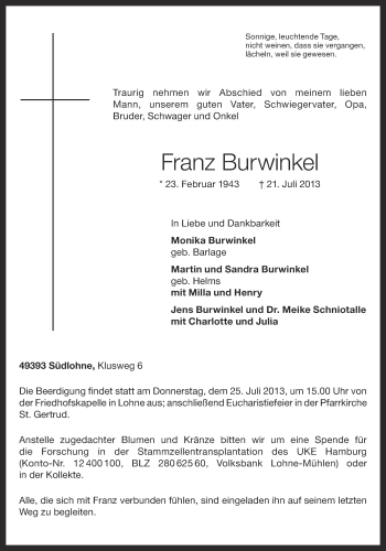 Anzeige von Franz Burwinkel von OM-Medien