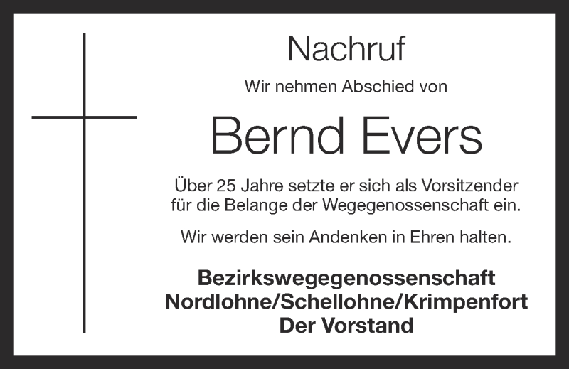  Traueranzeige für Bernd Evers vom 19.09.2013 aus OM-Medien