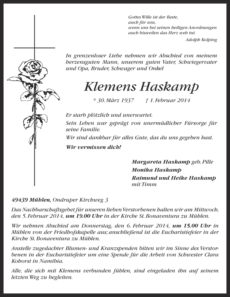  Traueranzeige für Klemens Haskamp vom 03.02.2014 aus OM-Medien