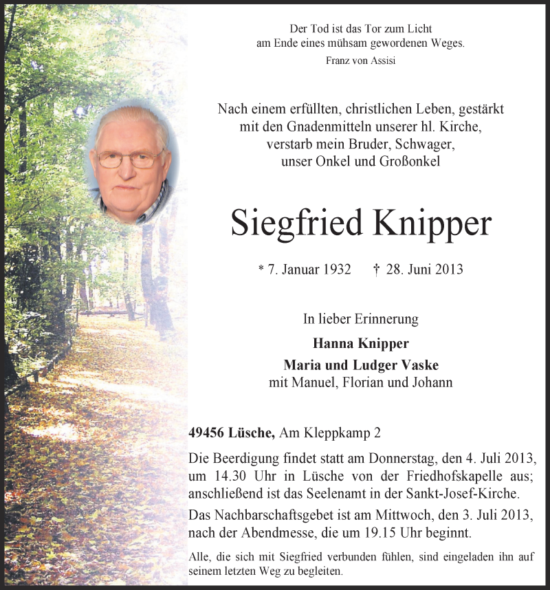  Traueranzeige für Siegfried Knipper vom 01.07.2013 aus OM-Medien