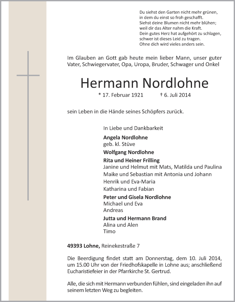  Traueranzeige für Hermann Nordlohne vom 07.07.2014 aus OM-Medien