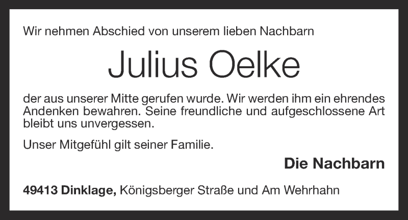  Traueranzeige für Julius Oelke vom 29.06.2013 aus OM-Medien