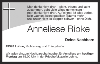 Anzeige von Anneliese Ripke von OM-Medien