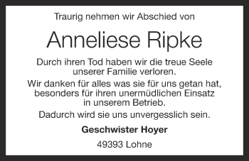 Anzeige von Anneliese Ripke von OM-Medien