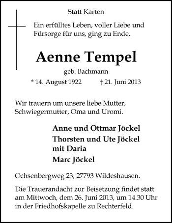 Anzeige von Aenne Tempel von OM-Medien