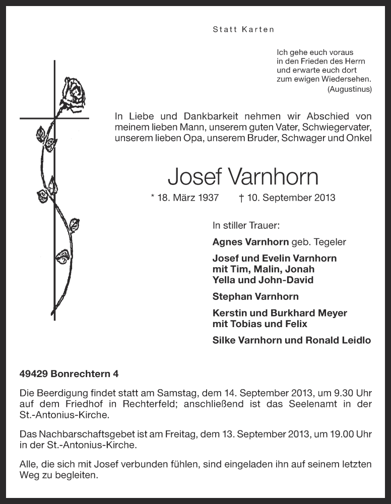  Traueranzeige für Josef Varnhorn vom 12.09.2013 aus OM-Medien