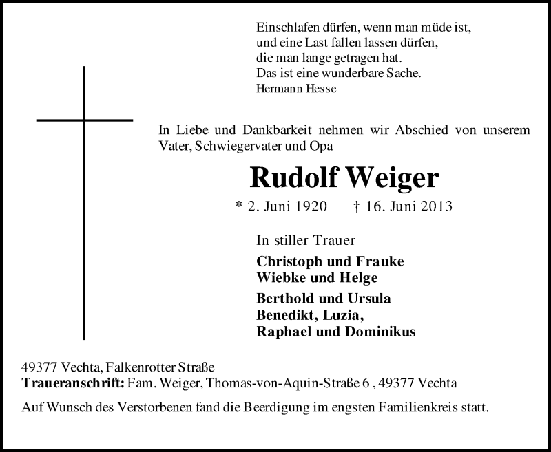 Traueranzeigen von Rudolf Weiger | om-trauer.de