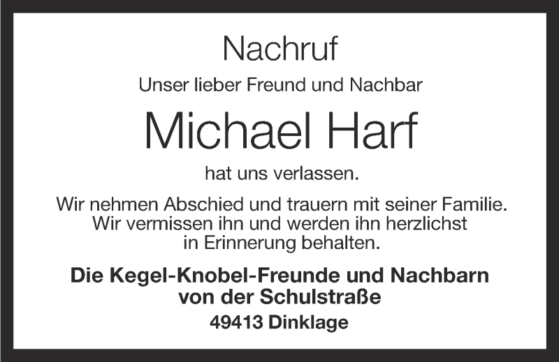  Traueranzeige für Michael Harf vom 30.07.2015 aus OM-Medien