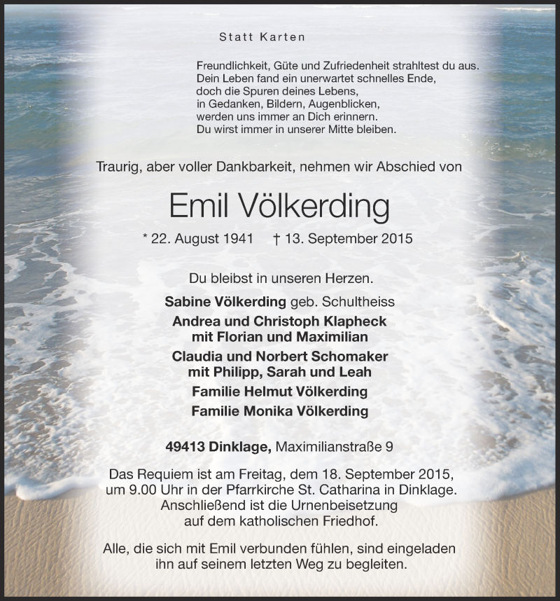  Traueranzeige für Emil Völkerding vom 15.09.2015 aus OM-Medien