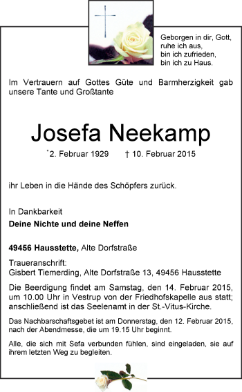 Anzeige von Josefa Neekamp von OM-Medien