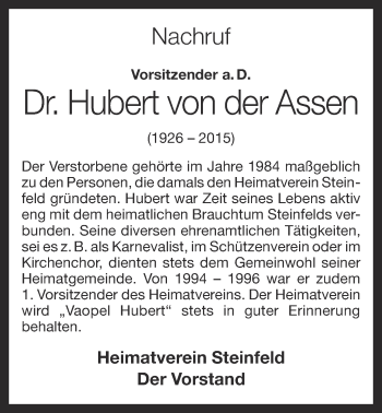 Anzeige von Hubert von der Assen von OM-Medien