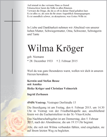 Anzeige von Wilma Kröger von OM-Medien